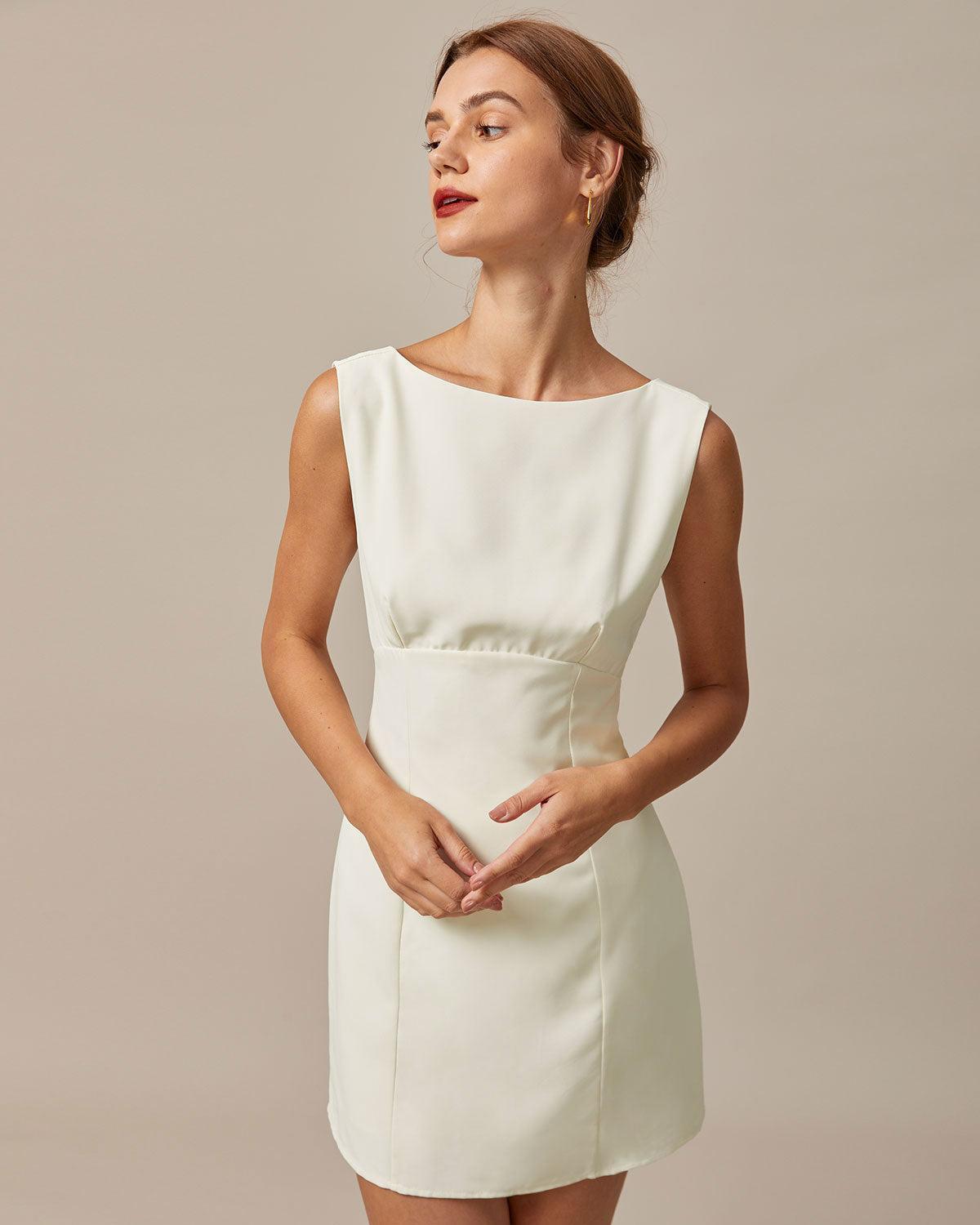 The Beige Boat Neck Back Bowknot Mini Dress Product Image