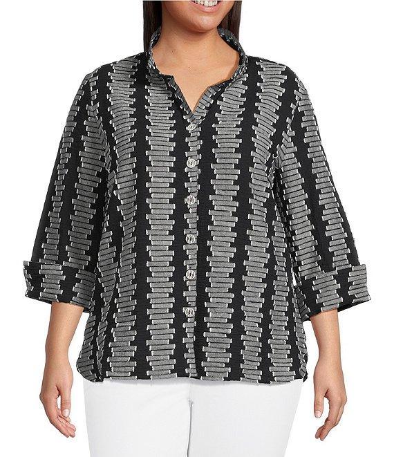 Ali Miles Plus Size Jacquard Wire Collar 3/4 Cuff Sleeve Button-Front Tunic Product Image