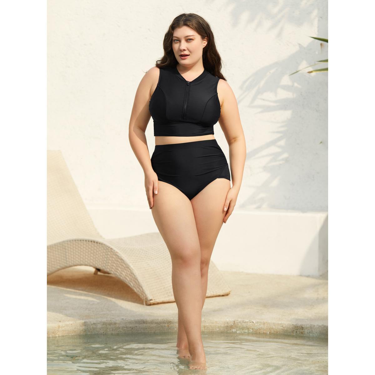 Plus Size Glide Lock Zipper Plain Fitted Swim Top Women's Swimwear Black Beach High stretch Skinny V-neck Curve Swim Tops BloomChic 10/M Product Image