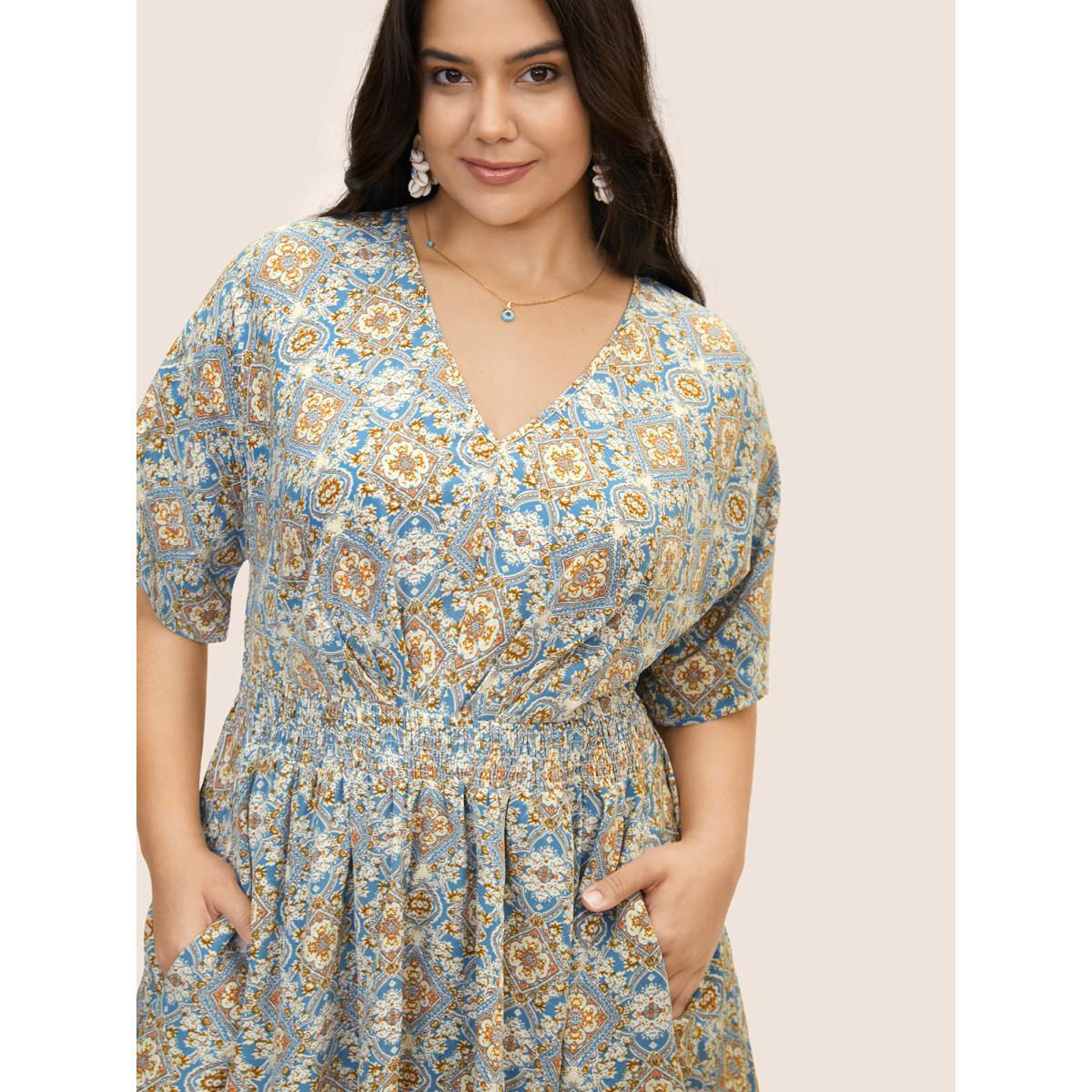 Plus Size Boho Print Shirred Pleated Maxi Dress Stone Women Resort Slit V-neck Half Sleeve Curvy BloomChic 18-20/2X Product Image