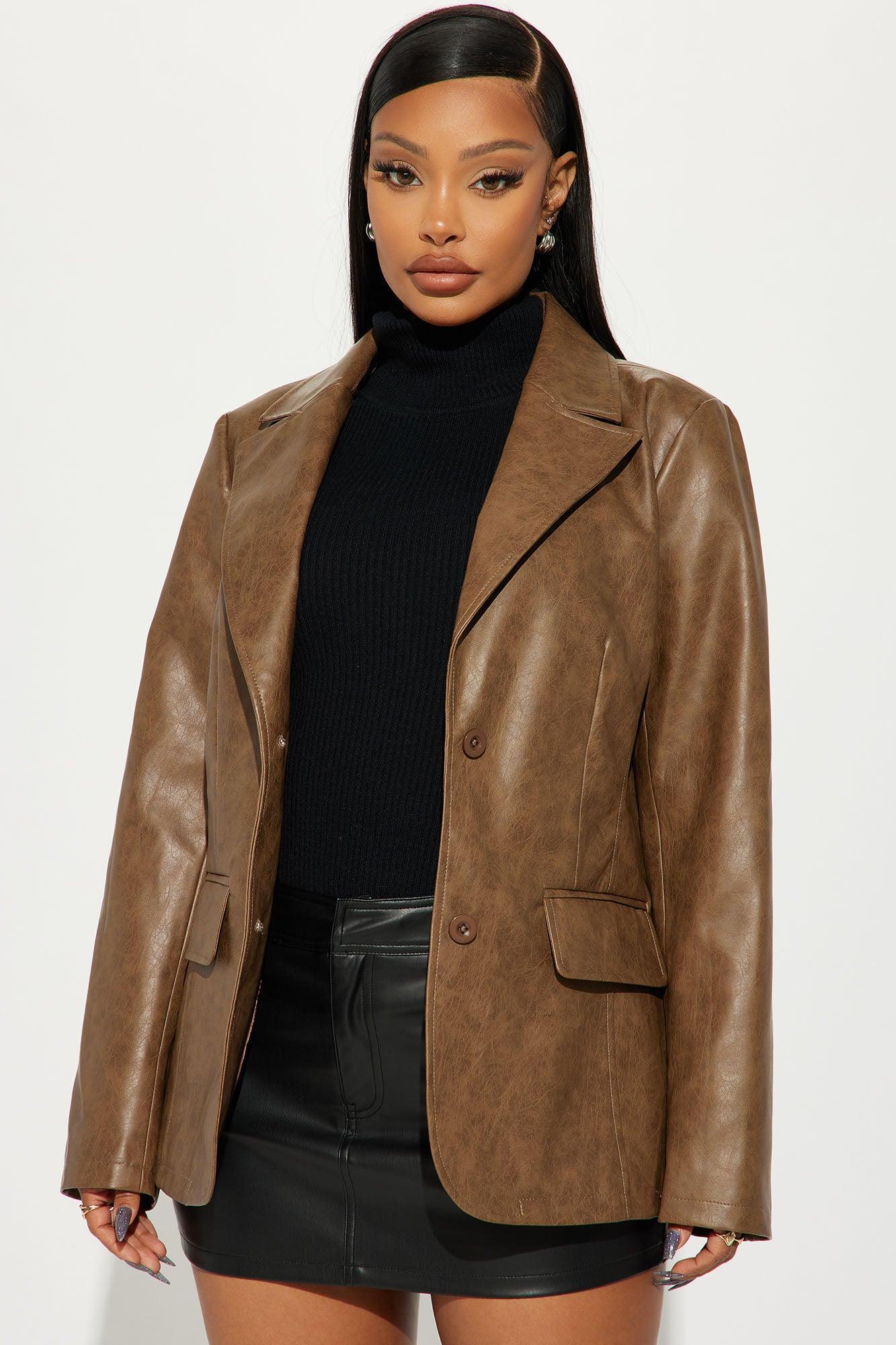 Blaire Washed Faux Leather Blazer - Brown Product Image