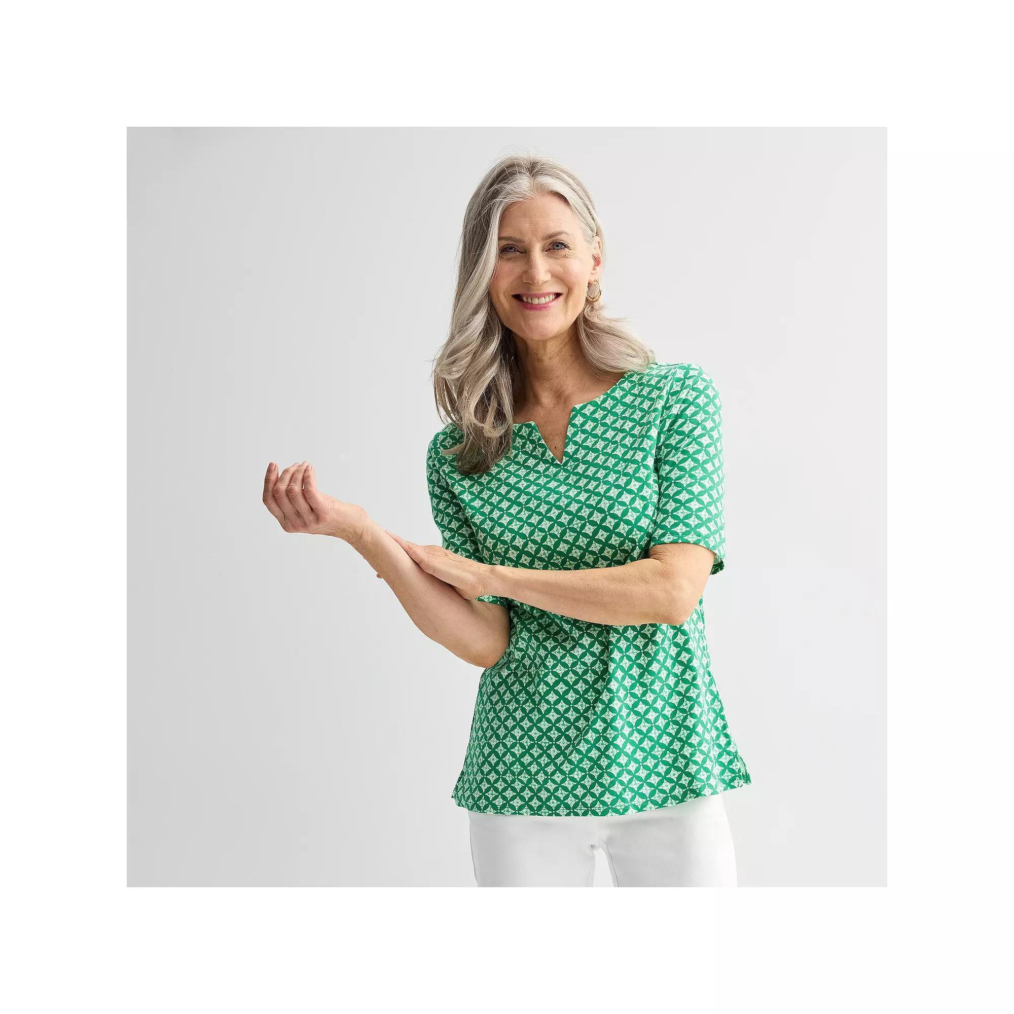 Petite Croft & Barrow® Elbow Sleeve Splitneck Top, Women's, Size: XS Petite, Red Ageless Tile Product Image