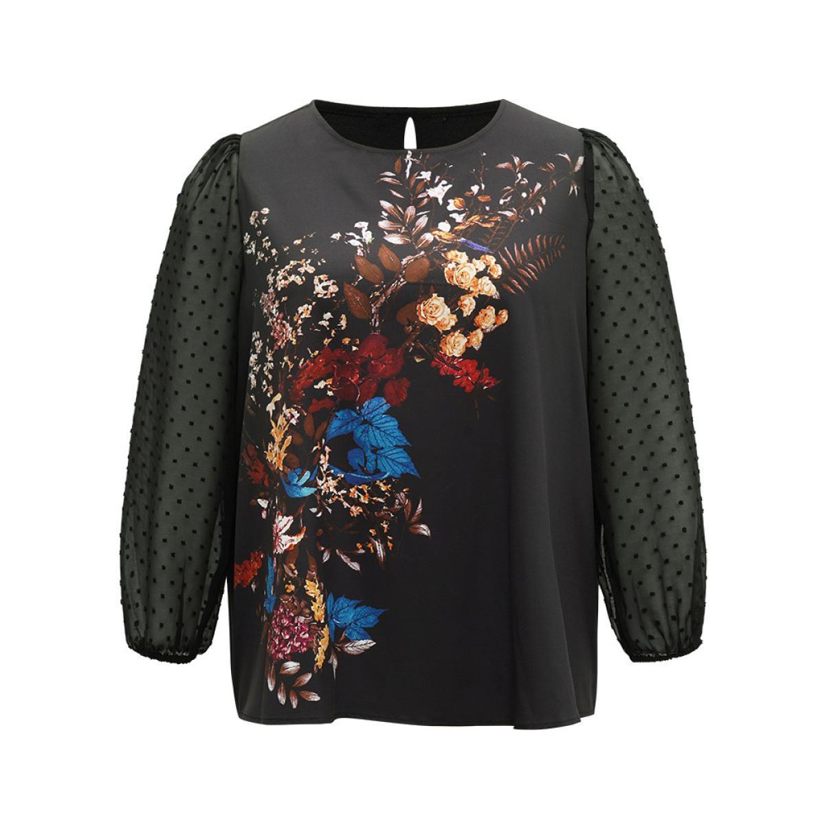 Plus Size Black Boho Print Patchwork Mesh Lantern Sleeve Blouse Women Elegant Long Sleeve Round Neck Dailywear Blouses BloomChic 26/4X Product Image