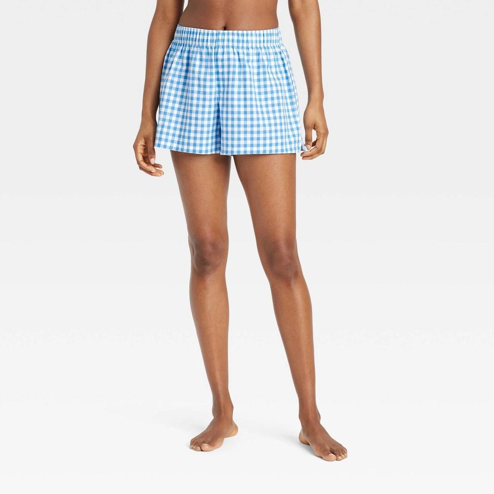 Women's Boxer Pajama Shorts - Colsie™ Blue Gingham L: Cotton Flannel, Midweight, Elastic Waistband Product Image