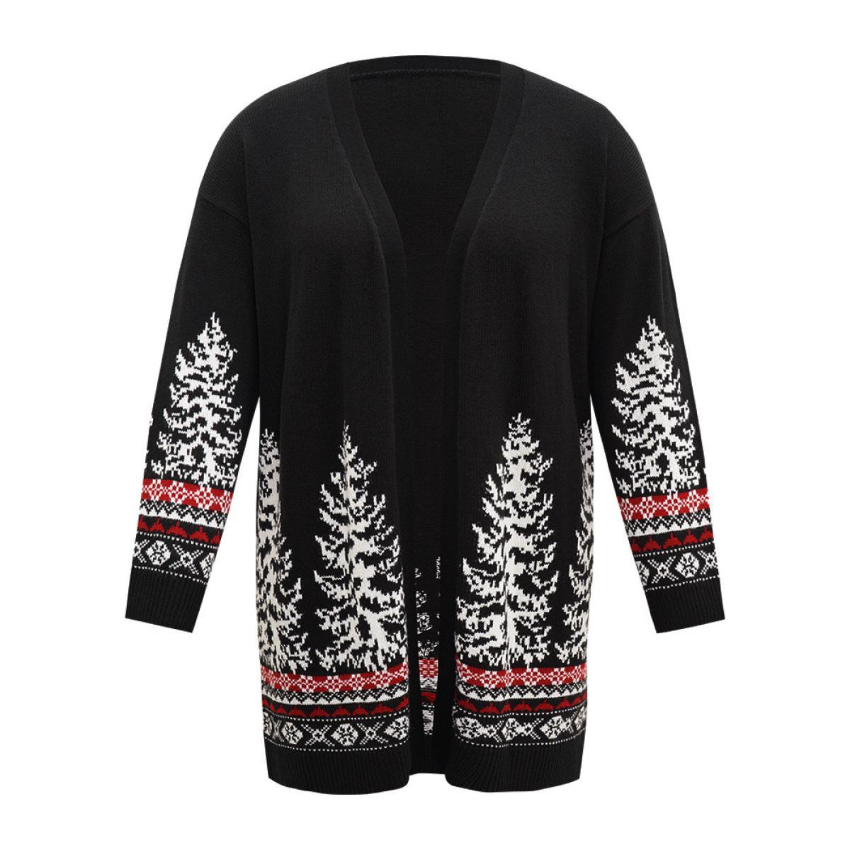 Plus Size Christmas Trees Contrast Cardigan Black Women Casual Loose Long Sleeve Festival-Christmas Cardigans BloomChic 30/6X Product Image