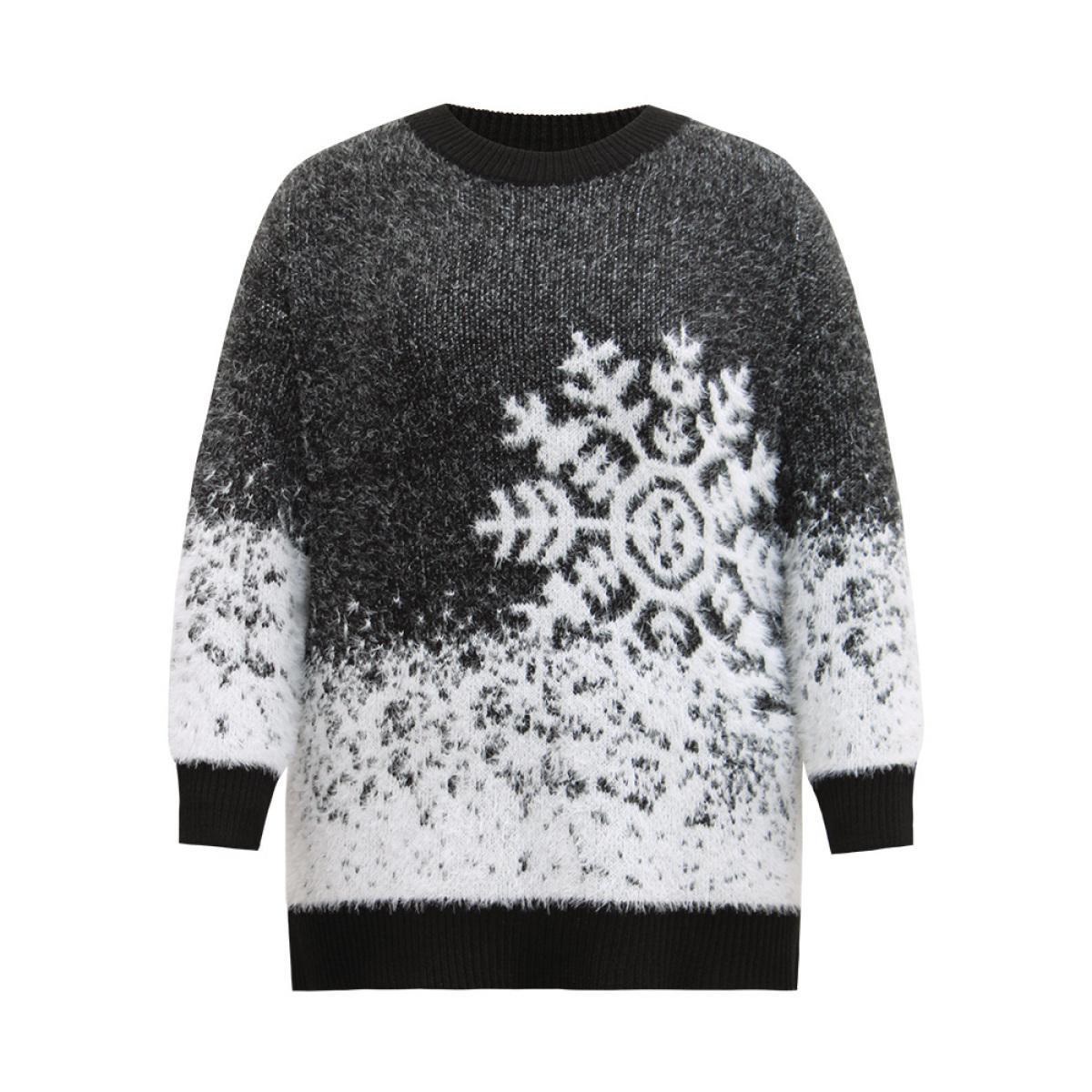 Plus Size Fuzzy Snowflake Elastic Cuffs Pullover Black Women Casual Loose Long Sleeve Round Neck Festival-Halloween Pullovers BloomChic 12/L Product Image