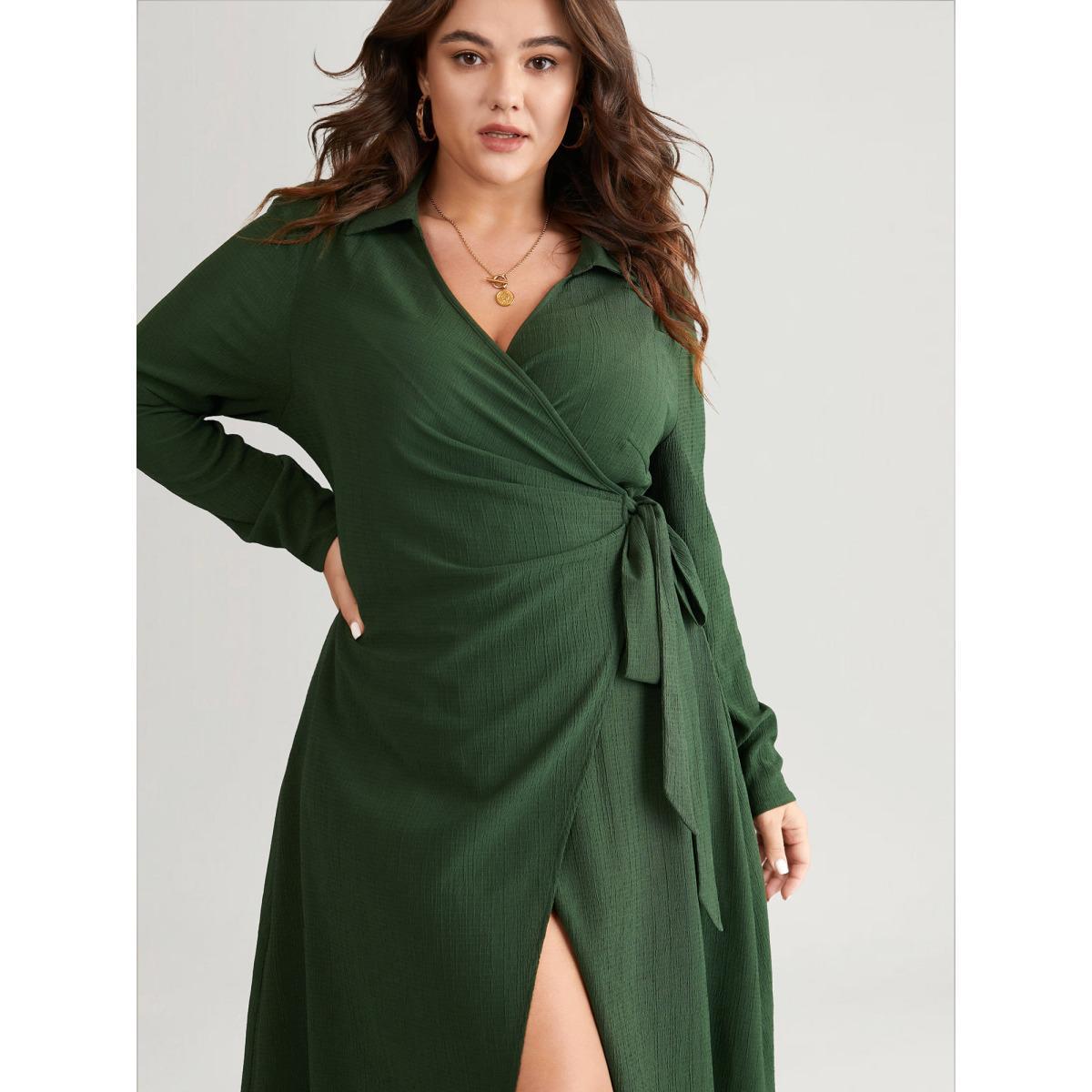 Plus Size Plisse Surplice Neck Bowknot Side Wrap Hem Dress ArmyGreen Women Casual Texture Overlap Collar Long Sleeve Curvy Midi Dress BloomChic 10/M Product Image