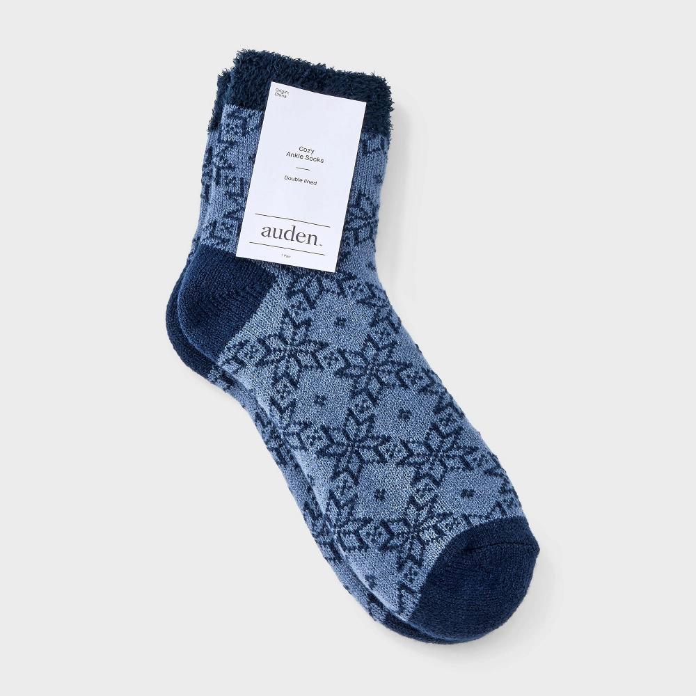 Womens Poinsettia Double Lined Cozy Ankle Socks - Auden Denim Blue 4-10: Knit Fairies Pattern, Lightweight, Machine Washable Product Image