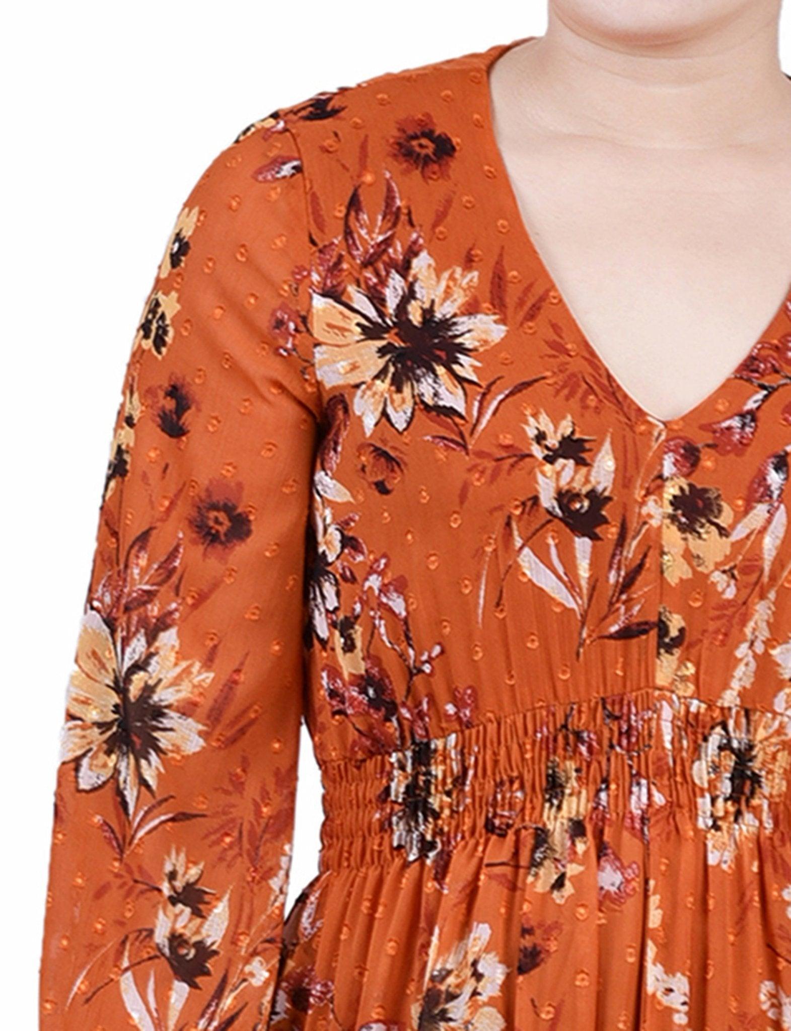Orange Hauppage Long Sleeve Clip Dot Chiffon Dress With Smocked Waist and Cuffs Product Image