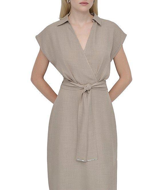DKNY by Donna Karan V-Neck Collar Cap Sleeve Belted Midi Sheath Dress Product Image