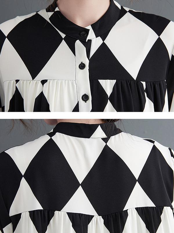 A-Line Long Sleeves Buttoned Plaid Polo Midi Dresses Product Image