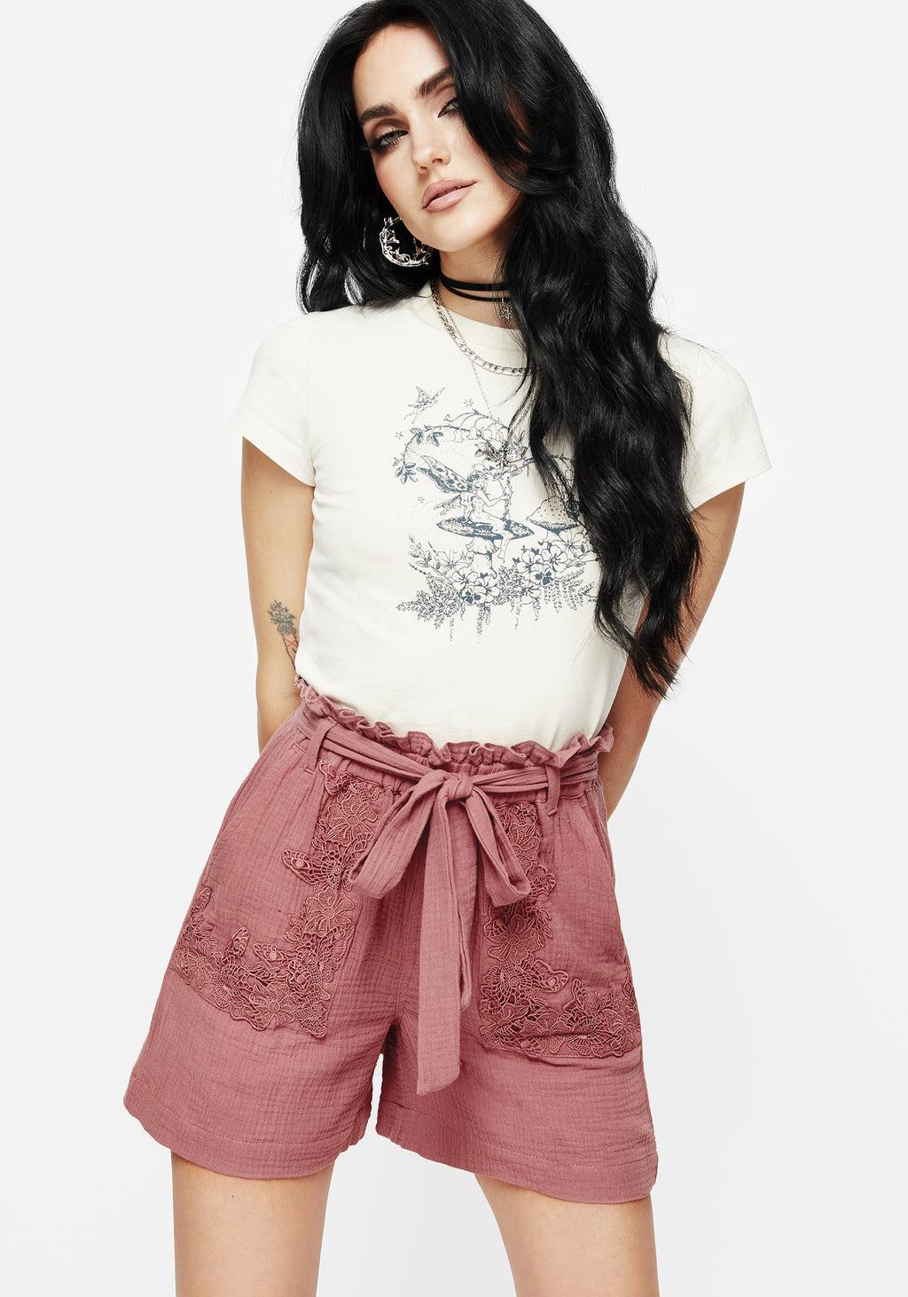 Rosamoth Applique Trim Cotton Tie Waist Shorts Product Image