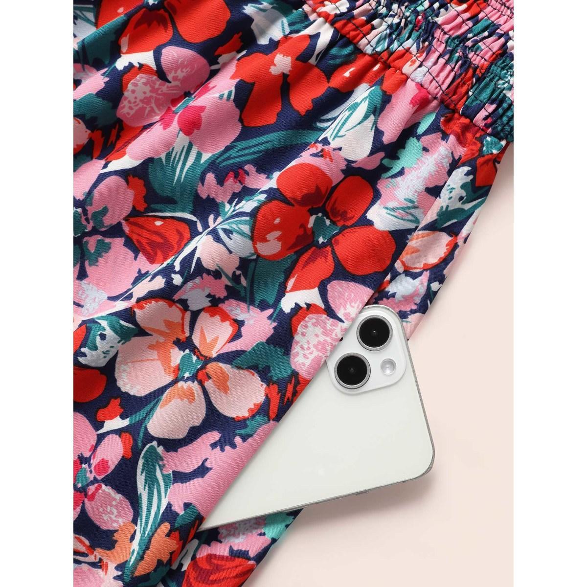 Plus Size Floral Shirred Frill Trim Tank Dress Navy Women Elegant Frill Trim Round Neck Sleeveless Curvy BloomChic 30/6X Product Image