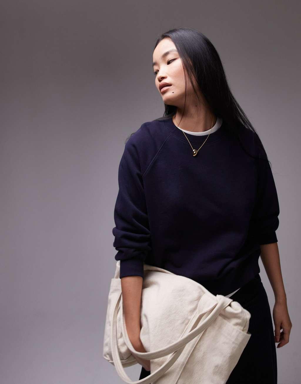 ARKET soft crew neck terry sweatshirt in dark blue Product Image