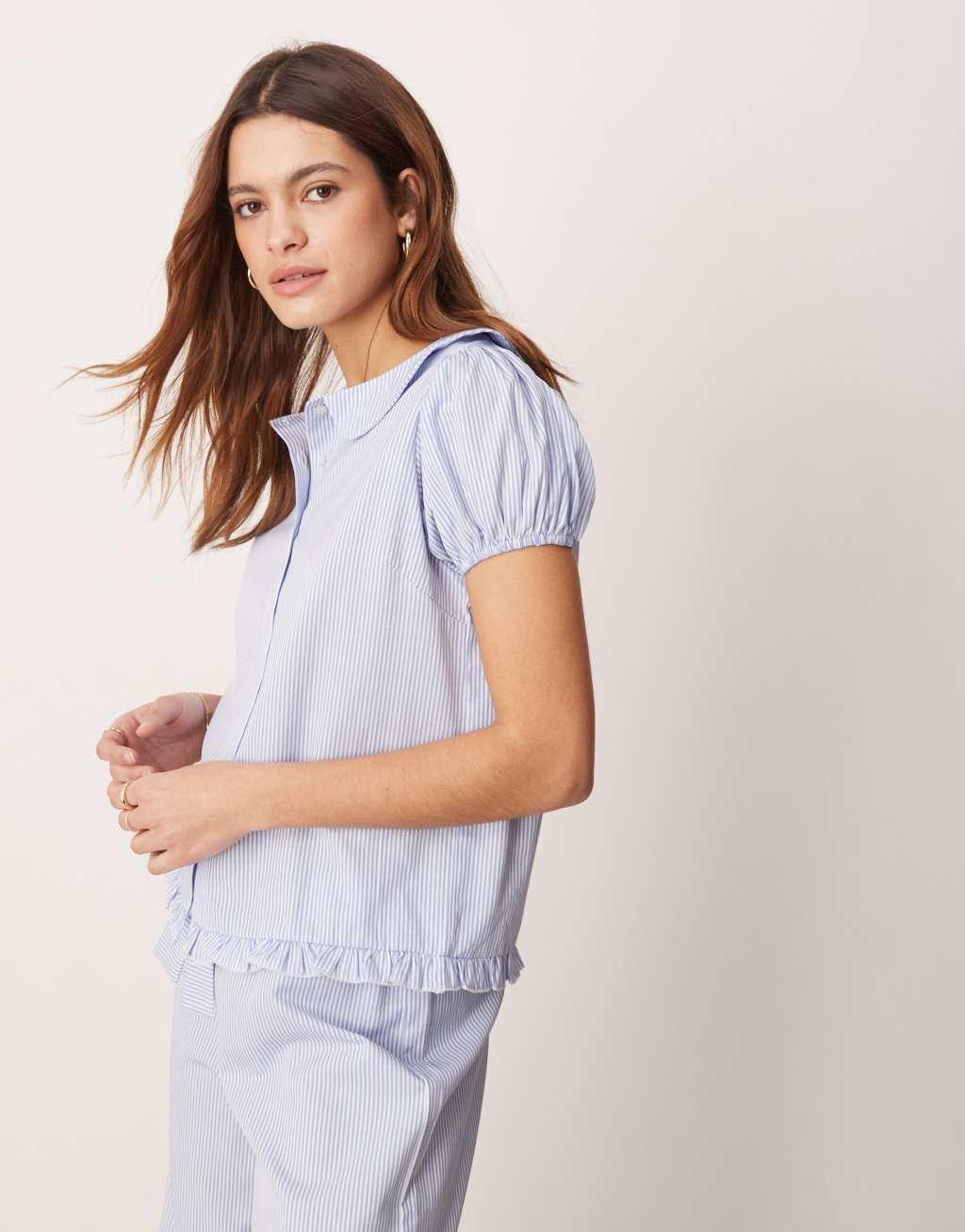 ASOS DESIGN lounge peter pan collar pajama blouse in blue stripe - part of a set Product Image