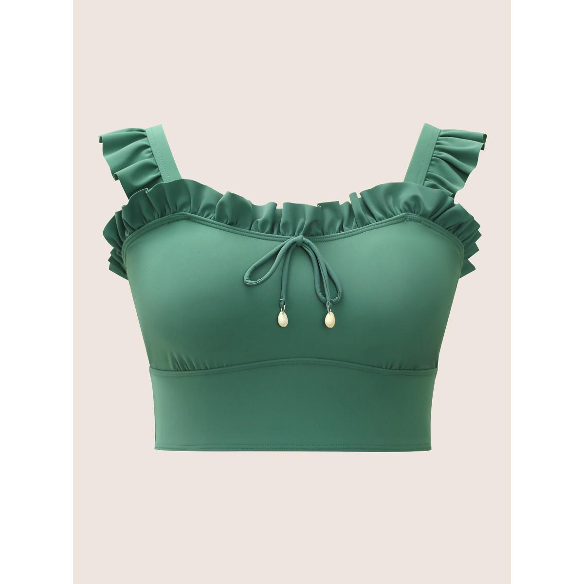 Plus Size Solid Ruffle Trim Ties Adjustable Straps Swim Top Women's Swimwear Mint Beach Non High stretch Skinny Non Curve Swim Tops BloomChic 28/5X Product Image