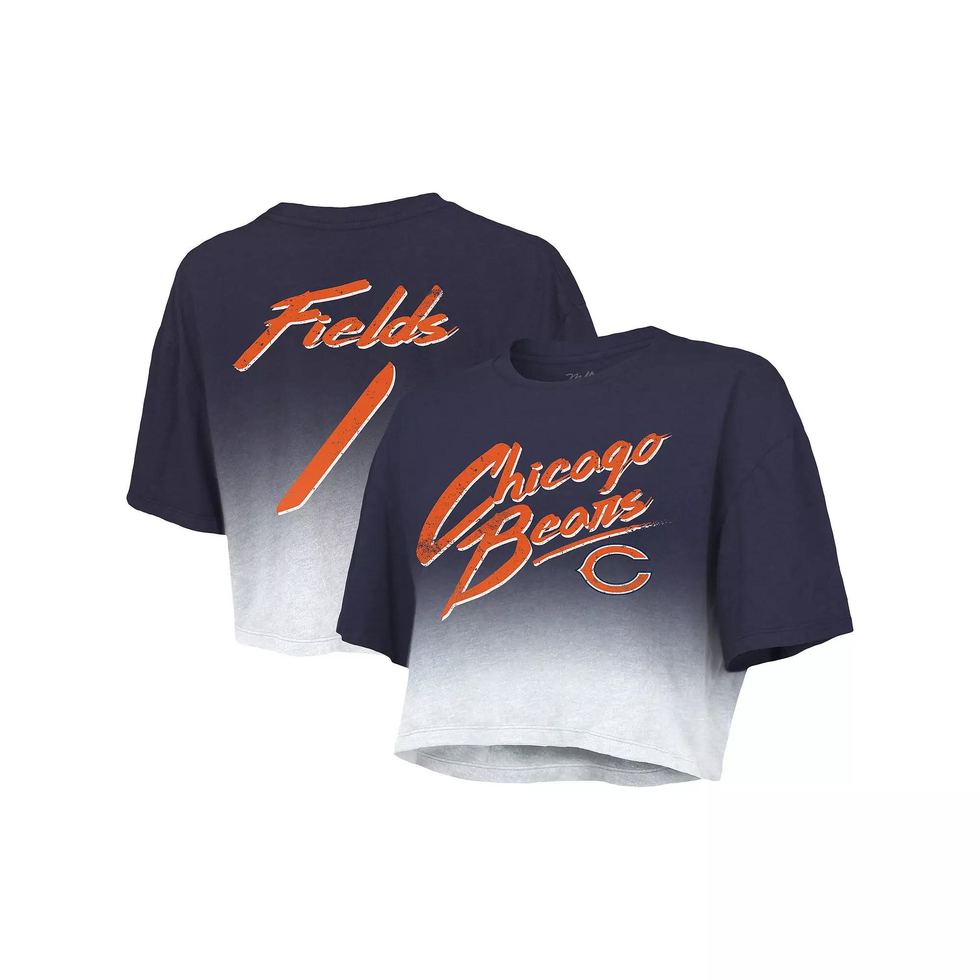 Women's Majestic Threads Justin Fields Navy/White Chicago Bears Drip-Dye Player Name & Number Tri-Blend Crop T-Shirt, Size: 2XL, Blue Product Image