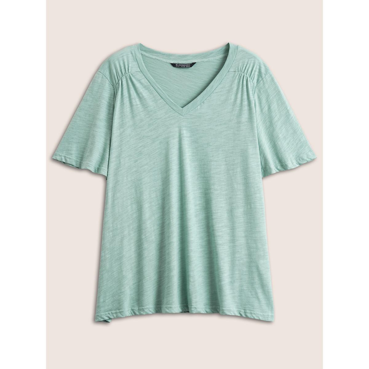Plus Size Plain Ruffle Sleeve Heather V Neck T-shirt Mint Women Casual Plain V-neck Everyday T-shirts BloomChic 22-24/3X Product Image
