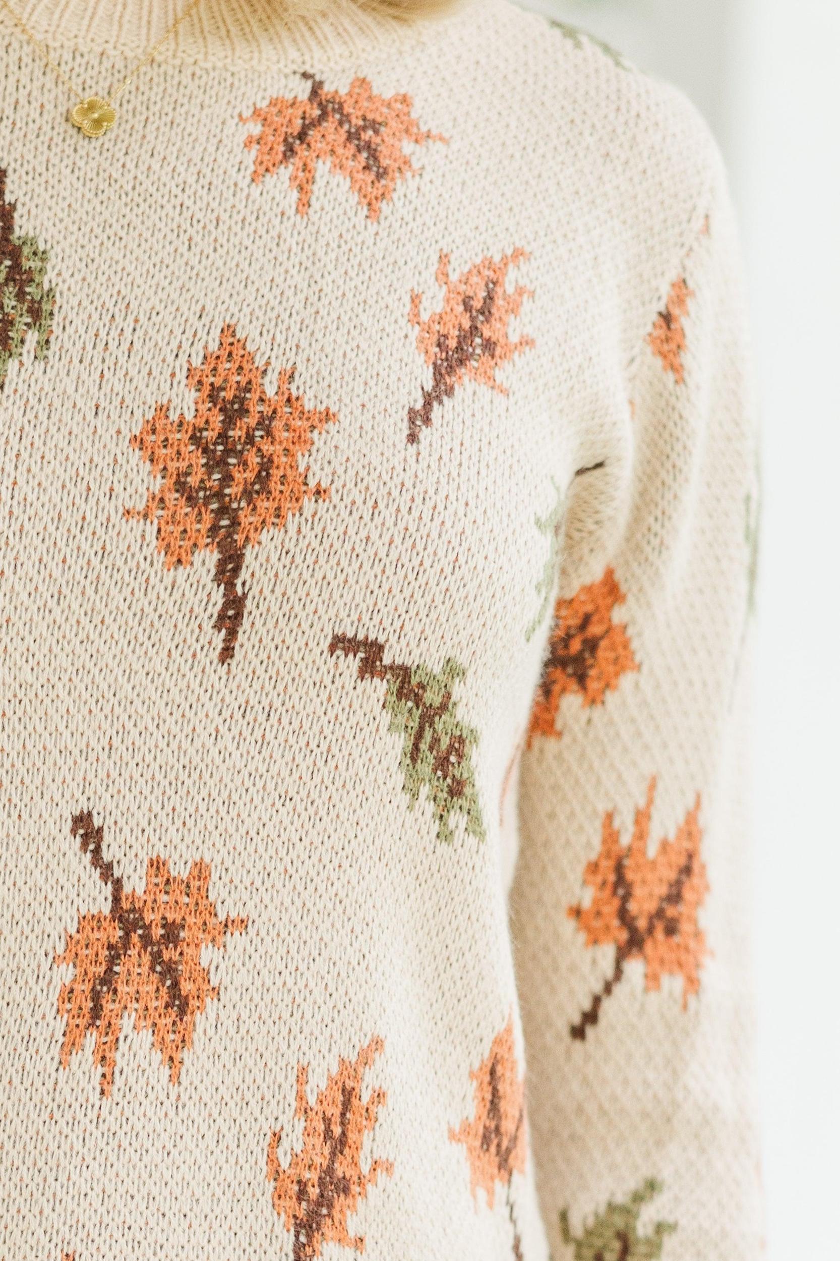 Take A Moment Taupe Leaf Print Sweater Female Product Image