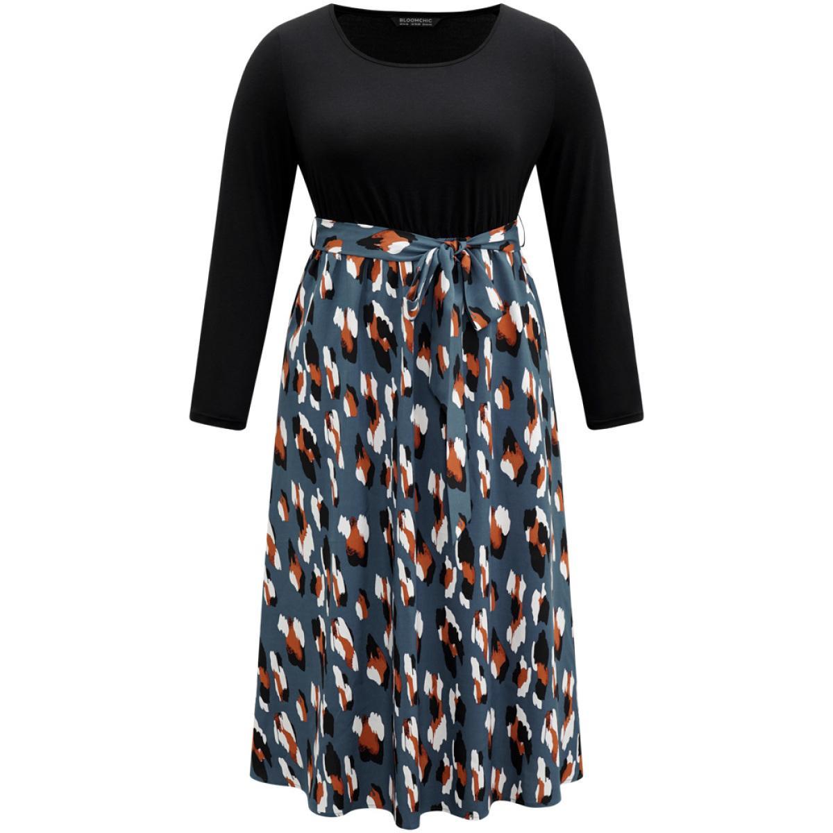 Plus Size Allover Print Patchwork Belted Pocket Dress Black Women Office Printed Round Neck Long Sleeve Curvy Midi Dress BloomChic 26/4X Product Image