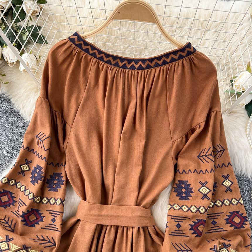 Puff-Sleeve Embroidered Tie Waist Midi A-Line Dress Product Image