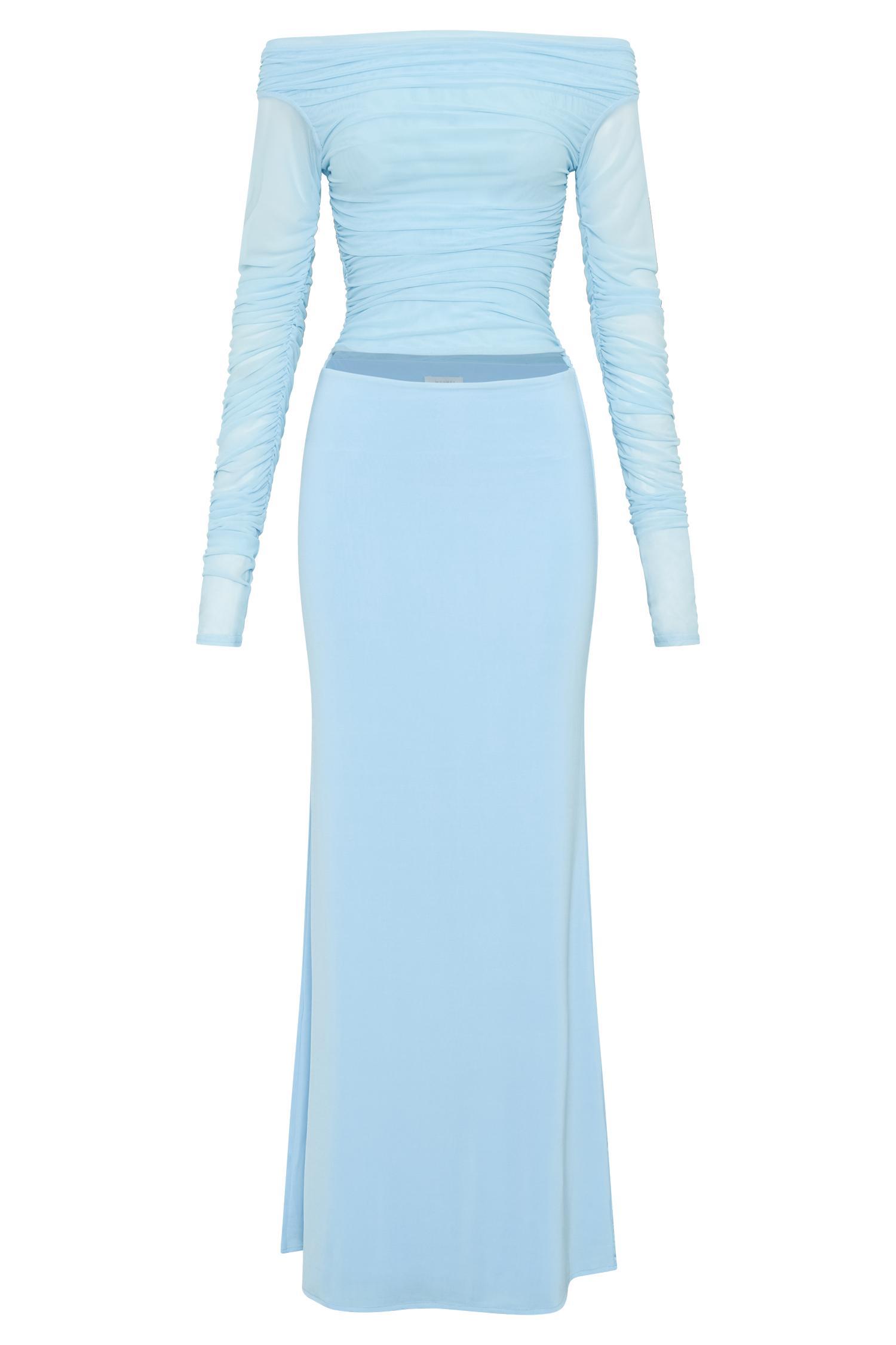 Darla Mesh And Slinky Off Shoulder Maxi Dress - Sky Blue Product Image
