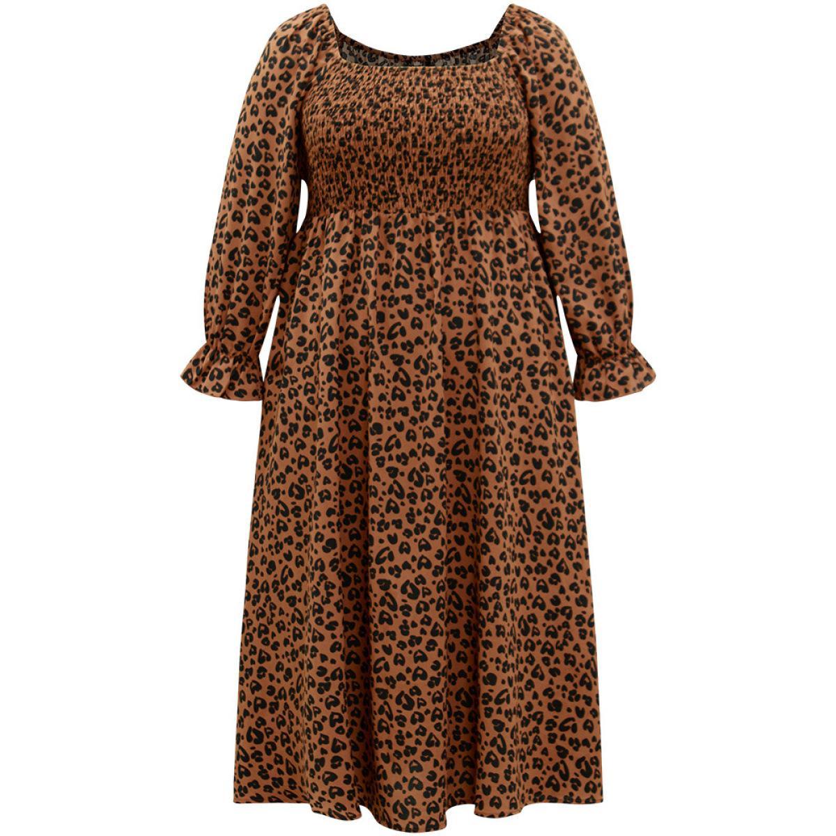 Plus Size Leopard Print Shirred Square Neck Pocket Dress Rust Women Casual Printed Square Neck Long Sleeve Curvy Midi Dress BloomChic 10/M Product Image