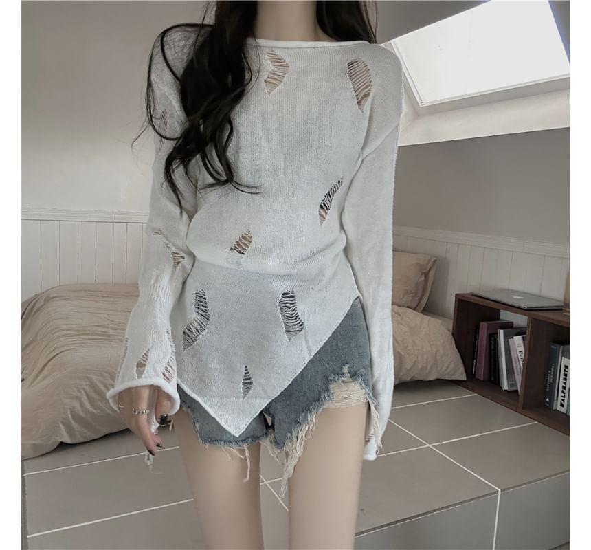 Long-Sleeve Boat Neck Plain Asymmetrical Distressed Sheer Slim Fit Knit Top Product Image