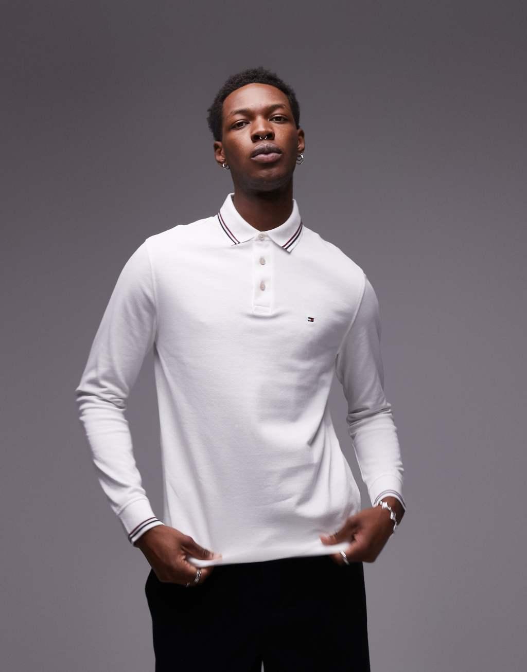 Tommy Hilfiger tipped long sleeve polo shirt in white Product Image