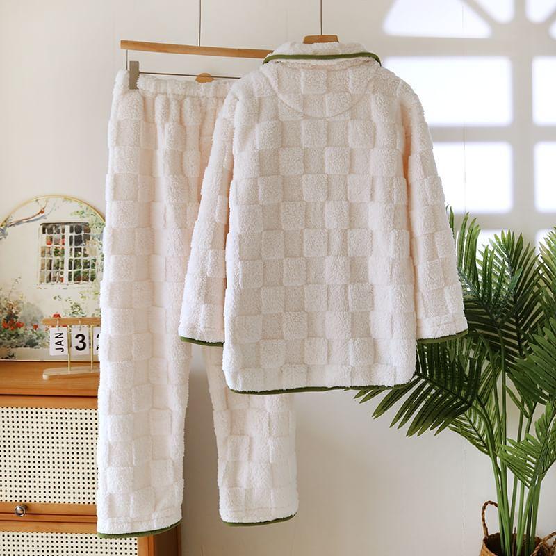 Couple Matching Pajama Set: Plaid Button-Up Jacket + Pants Product Image
