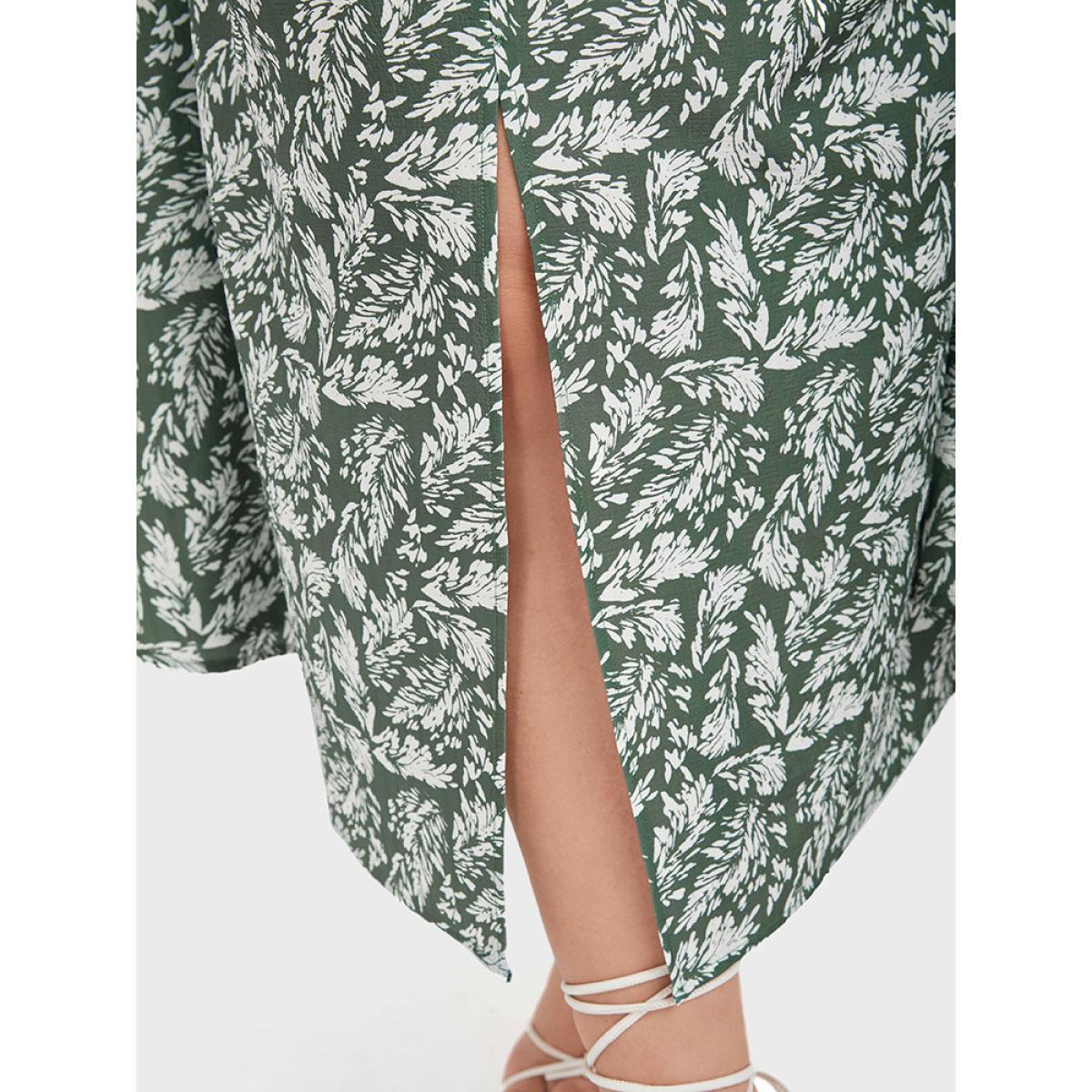 Plus Size Plants Printed V Neck Ruffles Split Midi Dress Green Women Casual Square Neck Short sleeve Curvy Midi Dress BloomChic 18-20/2X Product Image