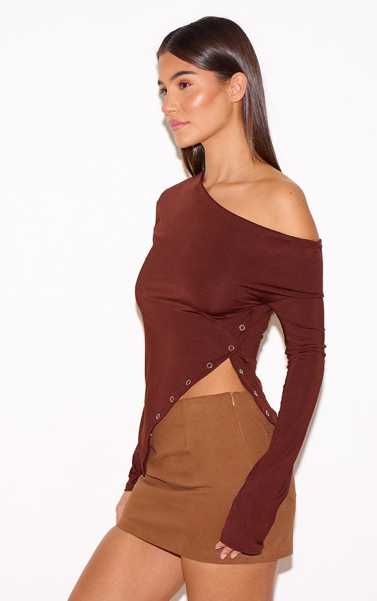Chocolate Slinky Popper Detail Asymmetric Neck Long Sleeve Top Product Image