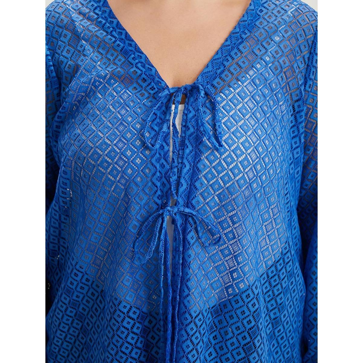 Plus Size Plain Knot Lace Mesh Hollow Out Jacket Women Blue Plain Dailywear Jackets BloomChic 18-20/2X Product Image