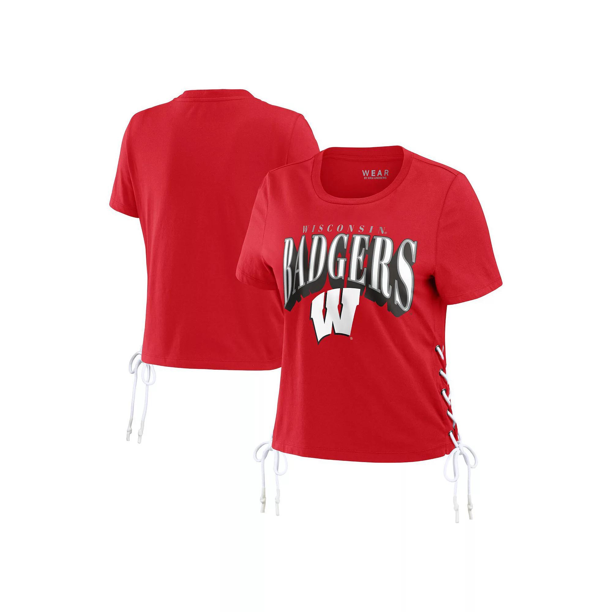 Women's WEAR by Erin Andrews Red Wisconsin Badgers Side Lace-Up Modest Crop T-Shirt, Size: Large Product Image