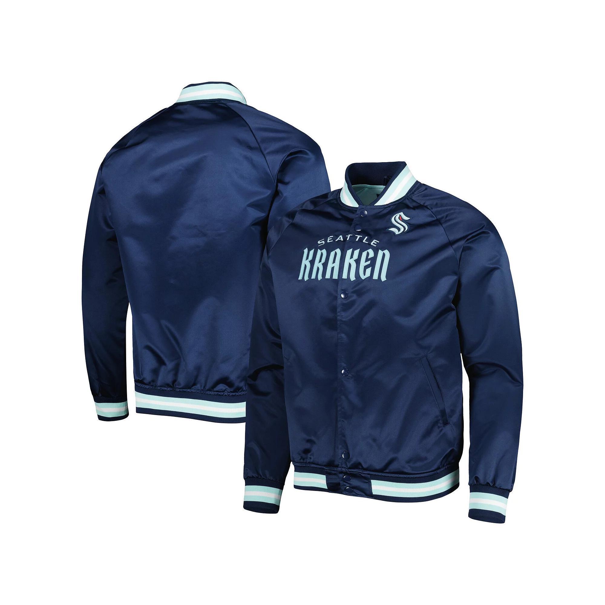 Men's Mitchell & Ness Deep Sea Blue Seattle Kraken Satin Full-Snap Raglan Varsity Jacket, Size: Large, Krk Blue Product Image