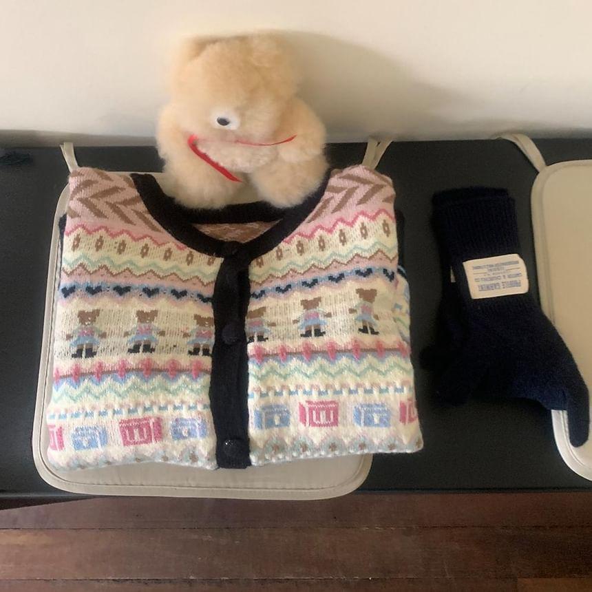 Long Sleeve Crew Neck Bear Jacquard Knitted Cardigan Product Image