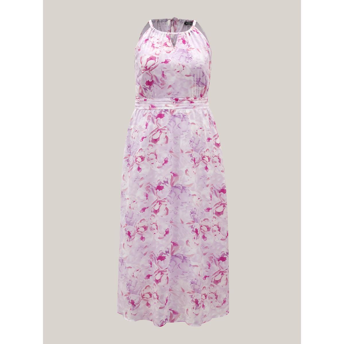 Plus Size Floral Print Halter Neck Stretchy Midi Dress Lavender Women Halter neck Sleeveless Curvy BloomChic 14-16/1X Product Image