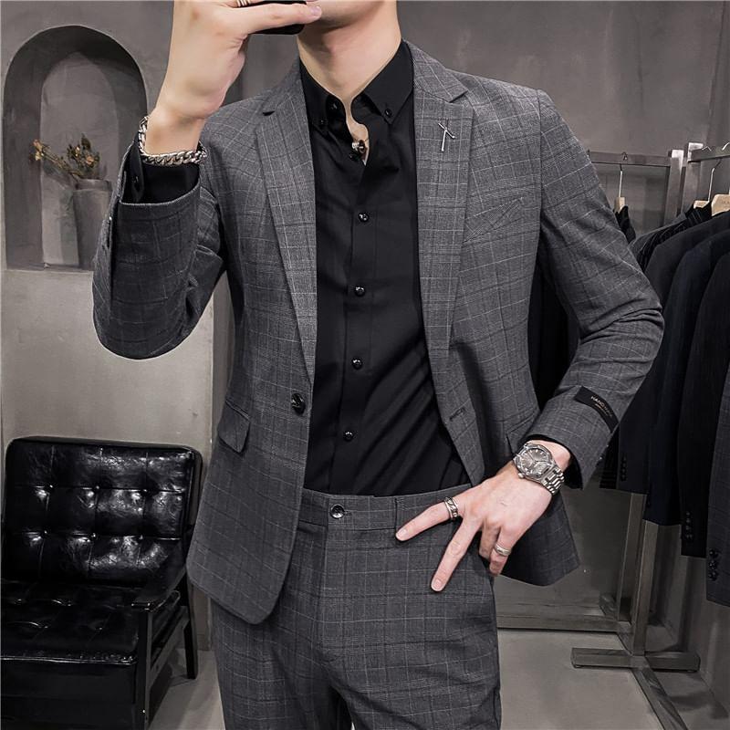 Plaid One Buttoned Blazer / High Waist Straight Leg Dress Pants / Set Product Image