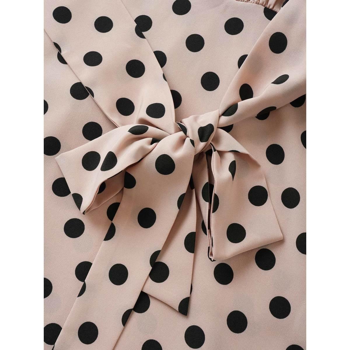 Plus Size Polka Dot Elastic Waist Ties Pocket Dress Pink Women At the Office Non Lapel Collar Short sleeve Curvy Midi Dress BloomChic 14-16/1X Product Image