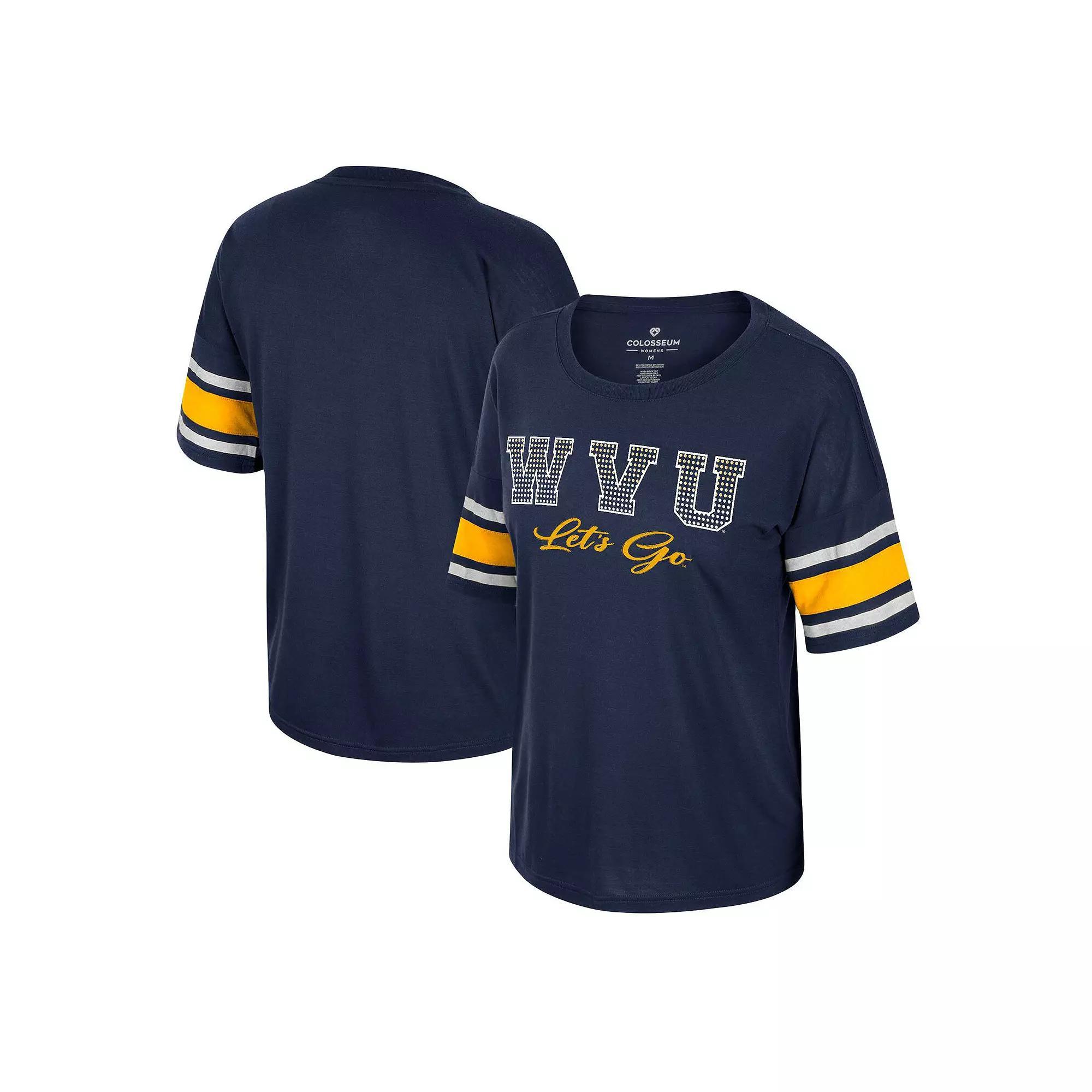Womens Colosseum West Virginia Mountaineers Im Gliding Here Rhinestone T-Shirt Blue Product Image