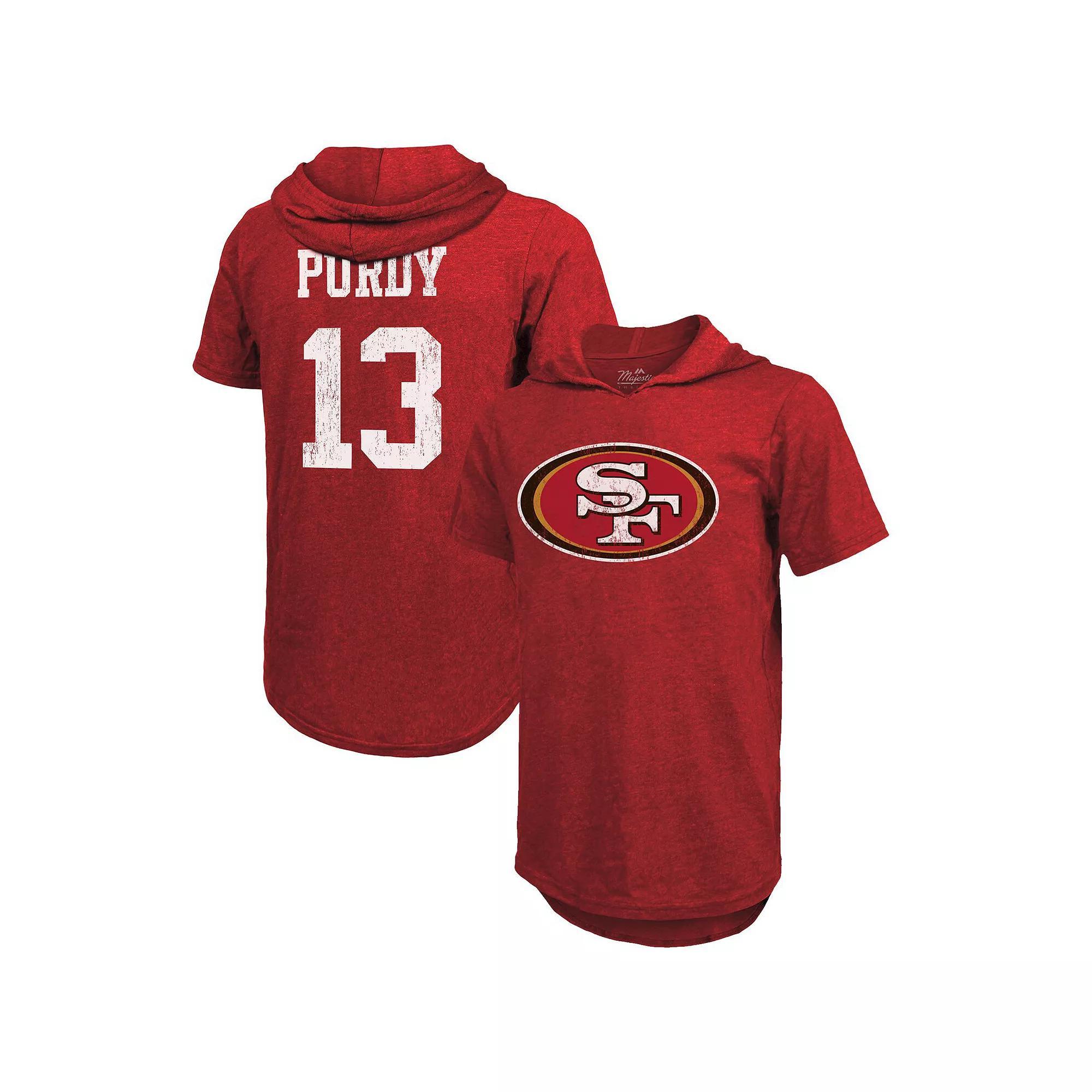Men's Majestic Threads Brock Purdy Scarlet San Francisco 49ers Player Name & Number Tri-Blend Short Sleeve Hoodie T-Shirt, Size: 2XL, Red Product Image