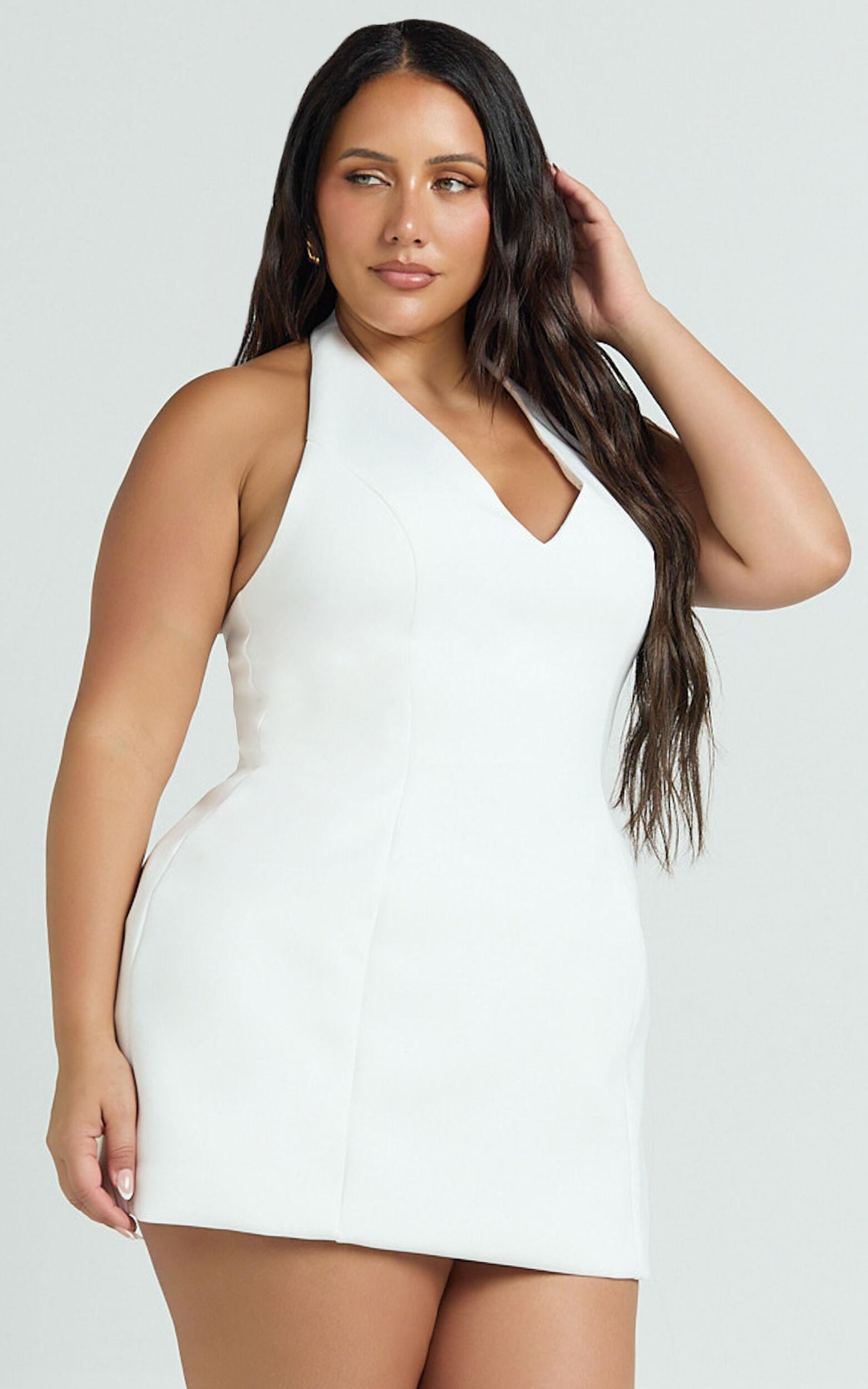 Gaia Mini Dress - Plunge Halter Fit and Flare Dress in White Product Image