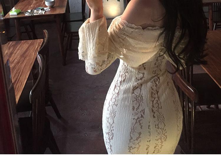 Long Sleeve Off Shoulder Plain Tie Front Lace Maxi Sheath Dress Product Image