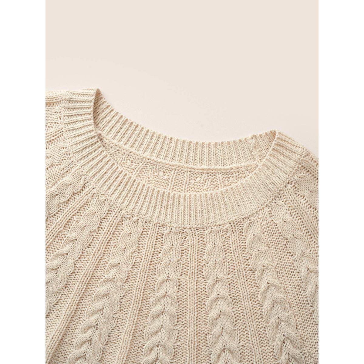 Plus Size Colorblock Contrast Cable Knit Raglan Sleeve Pullover Apricot Women Casual Loose Long Sleeve Round Neck Dailywear Pullovers BloomChic 28/5X Product Image