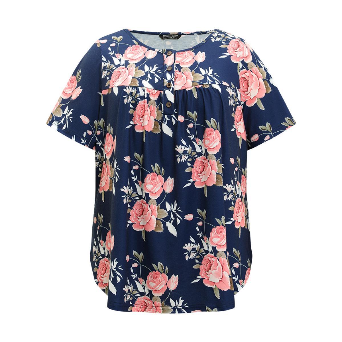 Plus Size Floral Print Button Up Flutter Gathered T-shirt Blue Women Elegant Printed Floral Open Front Dailywear T-shirts BloomChic 12/L Product Image