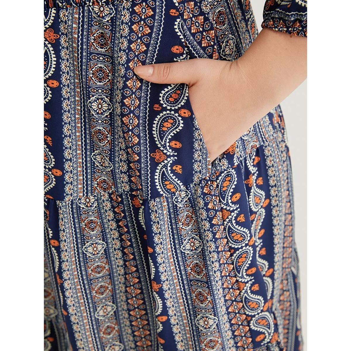 Plus Size Bandana Print Elastic Cuffs Layered Hem Dress DarkBlue Women Vacation Elastic cuffs V-neck Elbow-length sleeve Curvy Midi Dress BloomChic 30/6X Product Image