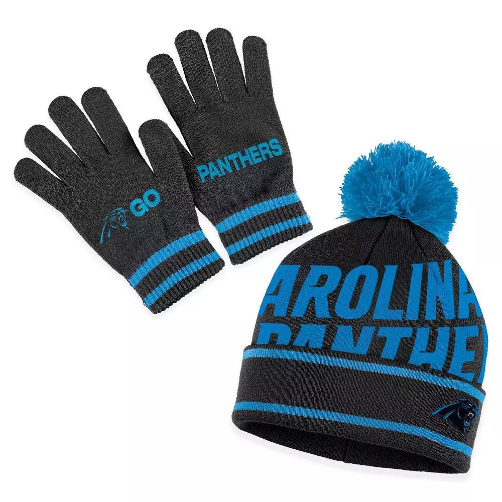 Women's WEAR by Erin Andrews  Navy New England Patriots Double Jacquard Cuffed Knit Hat with Pom and Gloves Set, Blue Product Image