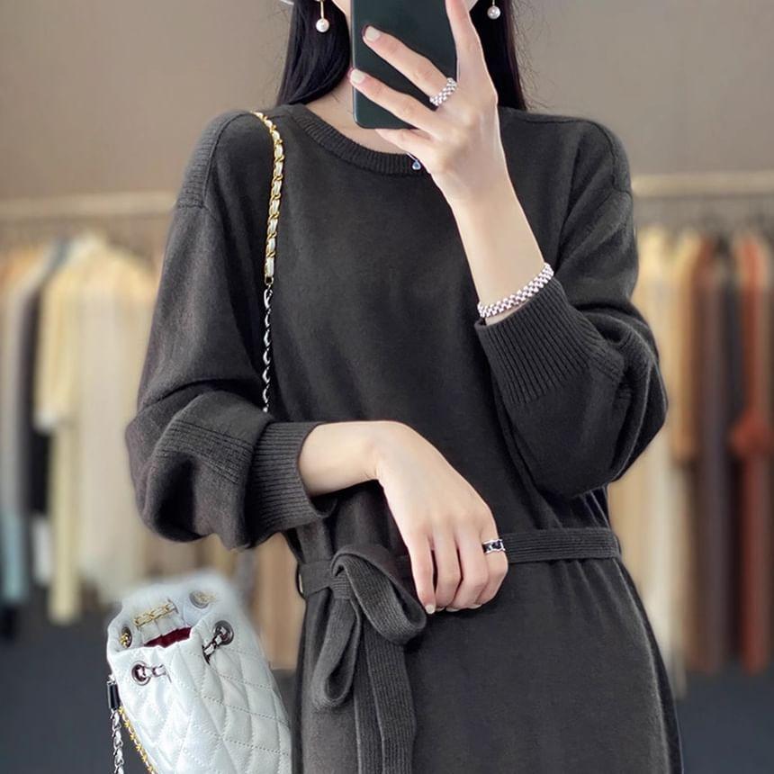 Set: Crew Neck Plain Midi Sweater Dress + Belt Product Image