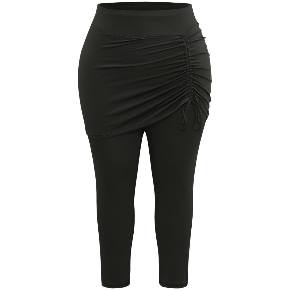 Plus Size Plain Drawstring Gathered Paperbag Waist Leggings Women Black Casual High stretch Skinny High Rise Dailywear Leggings BloomChic 30/6X Product Image