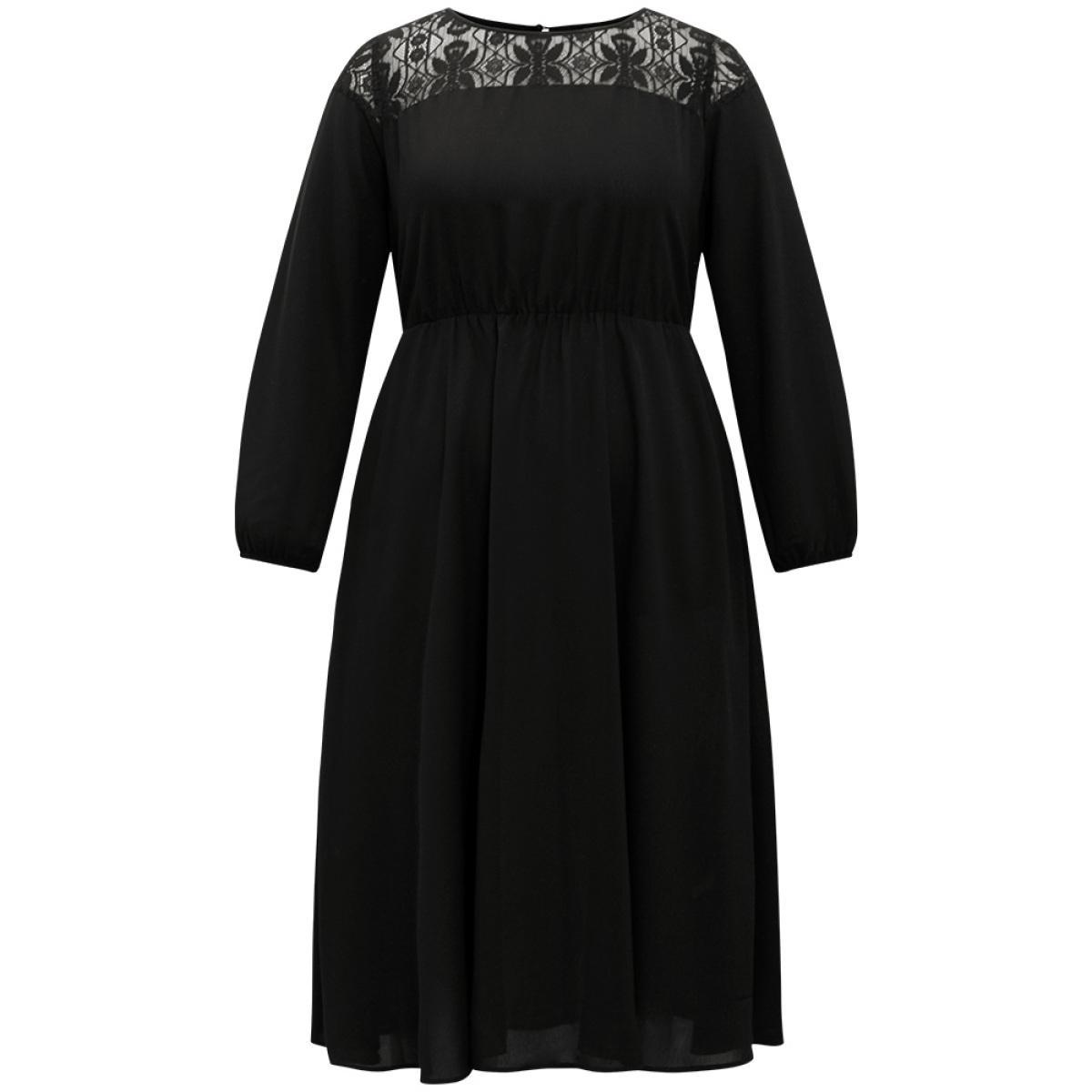 Plus Size Lace Panel Patchwork Lantern Sleeve Dress Black Women At the Office Elastic cuffs Round Neck Long Sleeve Curvy Midi Dress BloomChic 30/6X Product Image